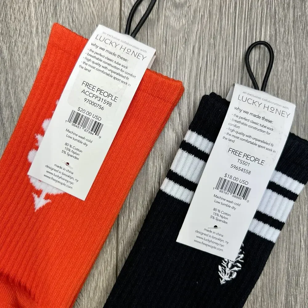 2 Pack Free People Movement Logo Stripe Tube Last Lap Socks Lucky Honey